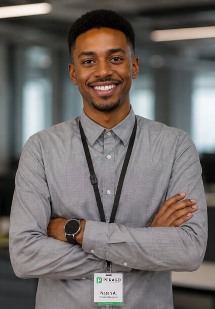Perago intern standing in the office with arms crossed